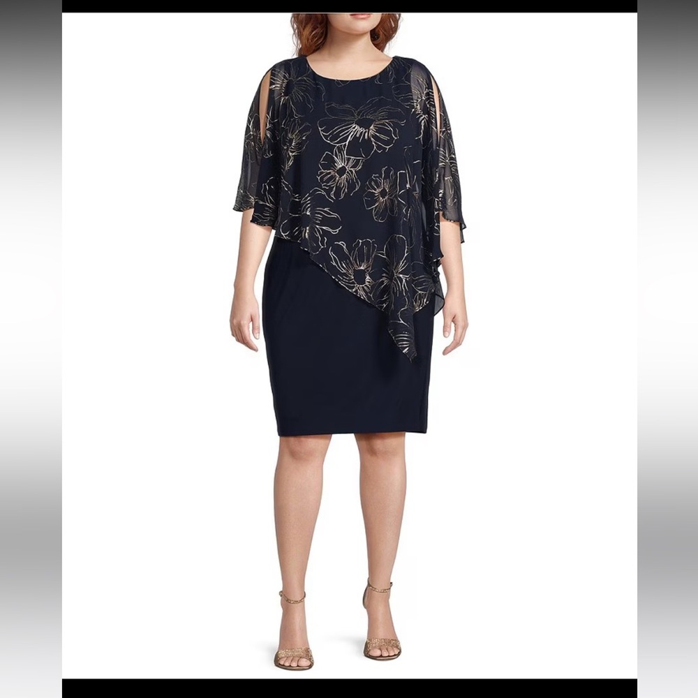 Ignite Evenings Asymmetric Chiffon Floral Print Overlay 3/4 Split Sleeve Dress14
